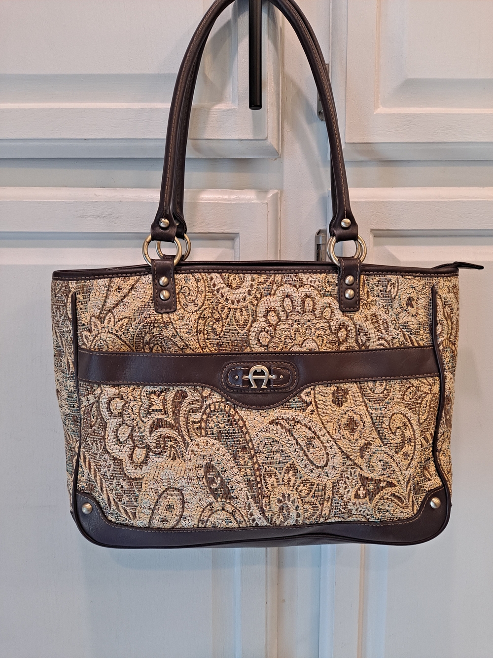 Etienne Aigner Vintage Tapestry-like Beige Cream Paisley Tote w/Brown PVC Trim